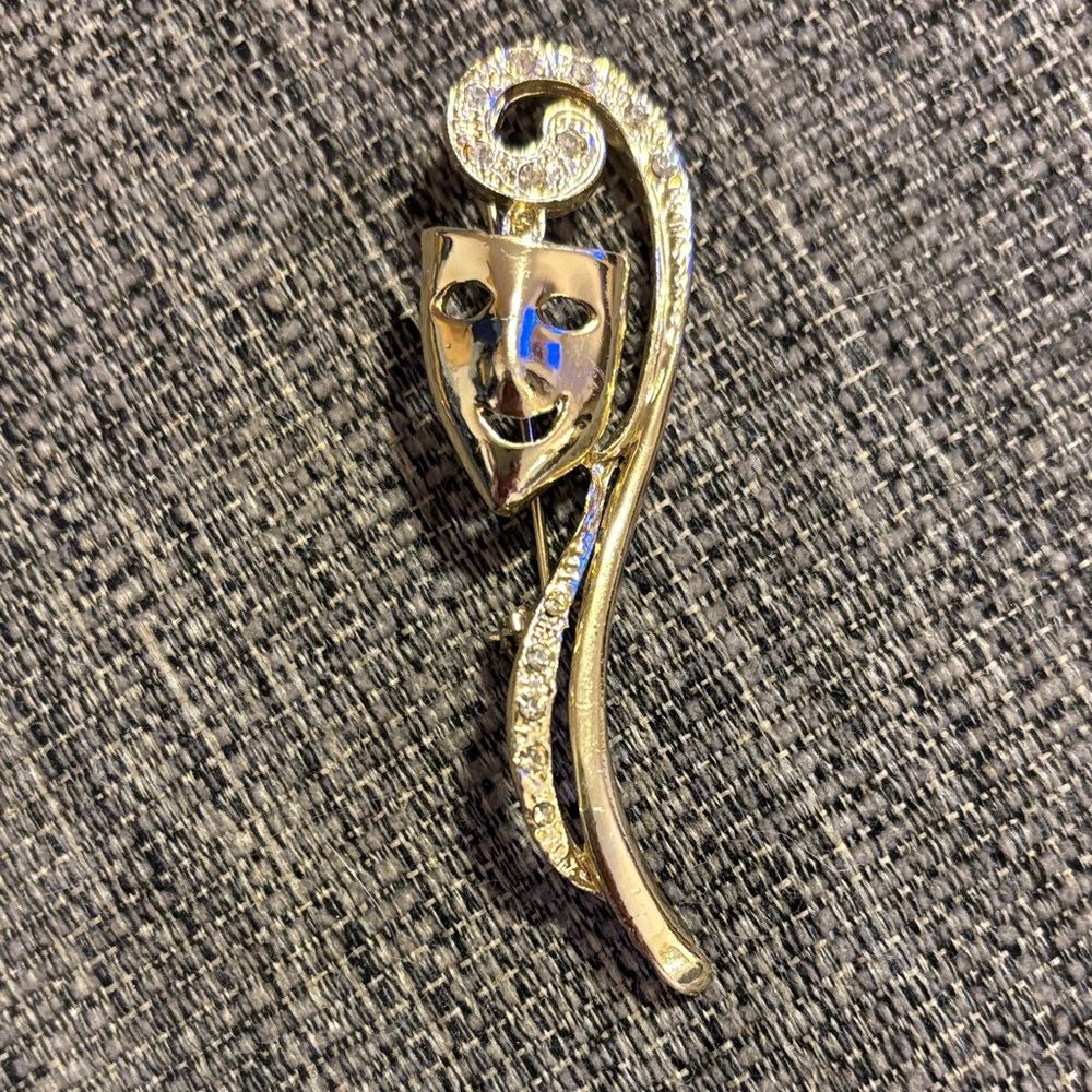 Theater Comedy & Tragedy Mask Goldtone Brooch With Rhinestone Accents